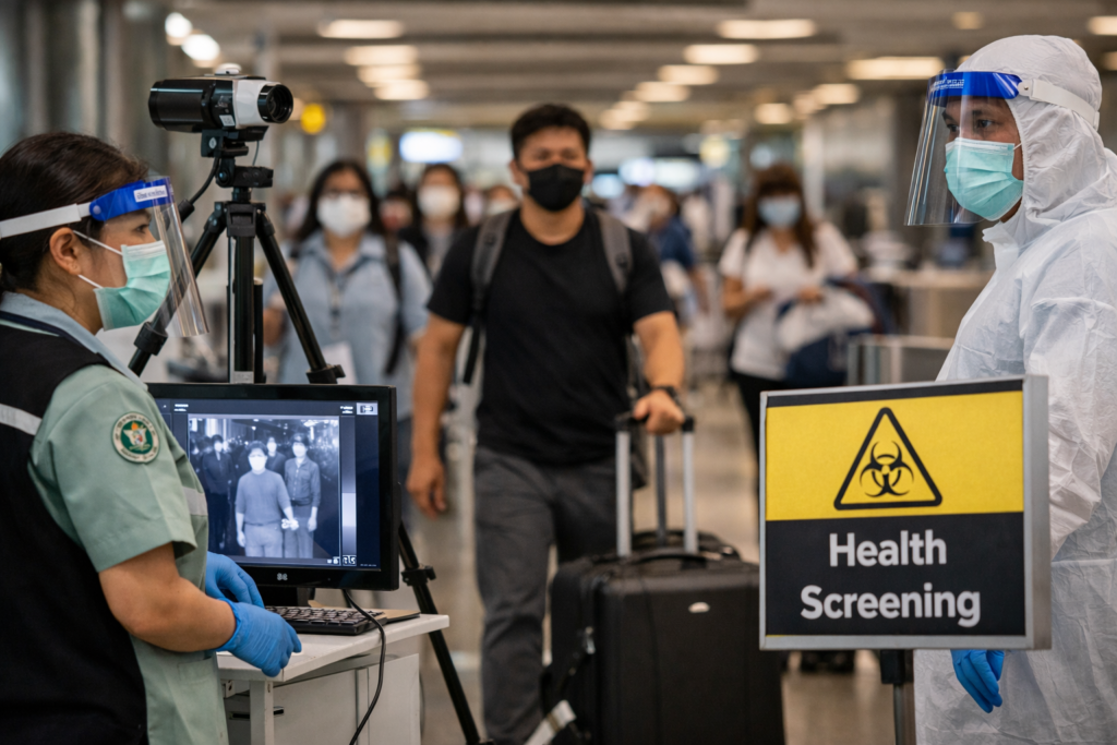 Health workers screening passengers at an airport for Nipah virus after outbreak in India