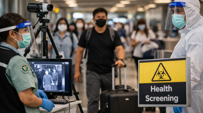 Health workers screening passengers at an airport for Nipah virus after outbreak in India