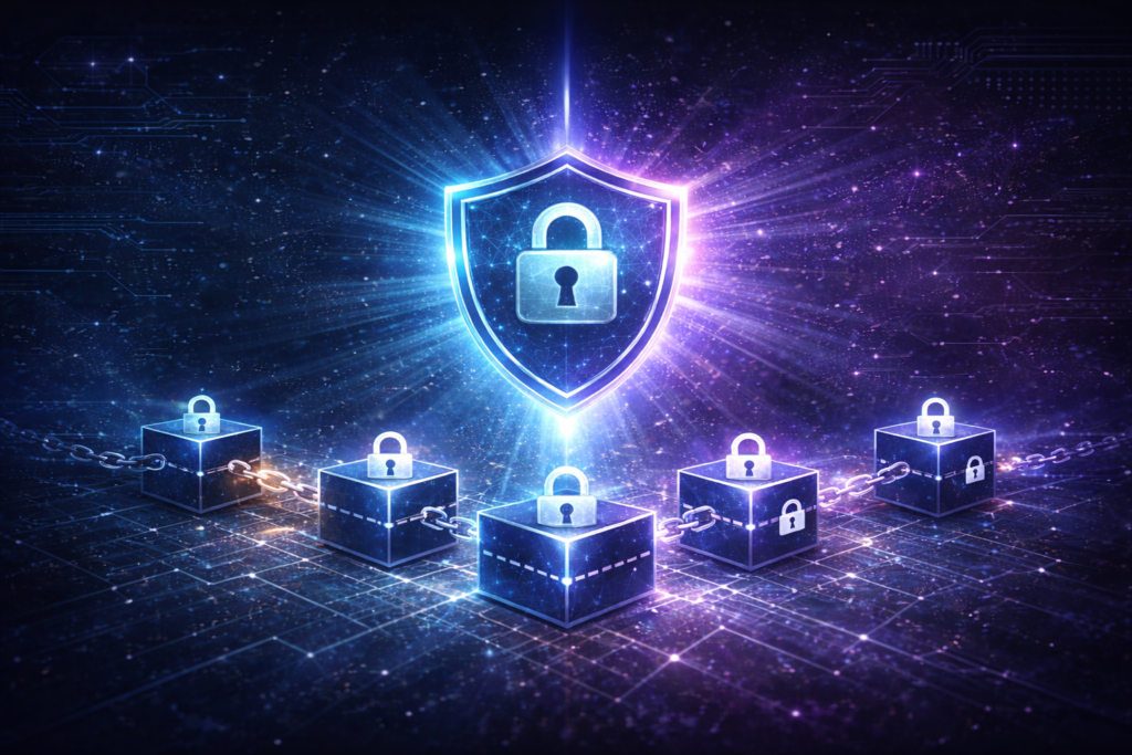 Digital illustration representing privacy-focused blockchain technology and encrypted smart contracts