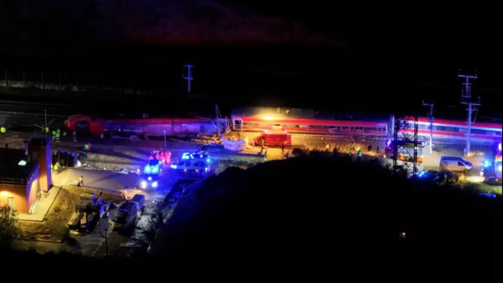 Spain high-speed train crash near Adamuz in Córdoba as emergency crews respond at night