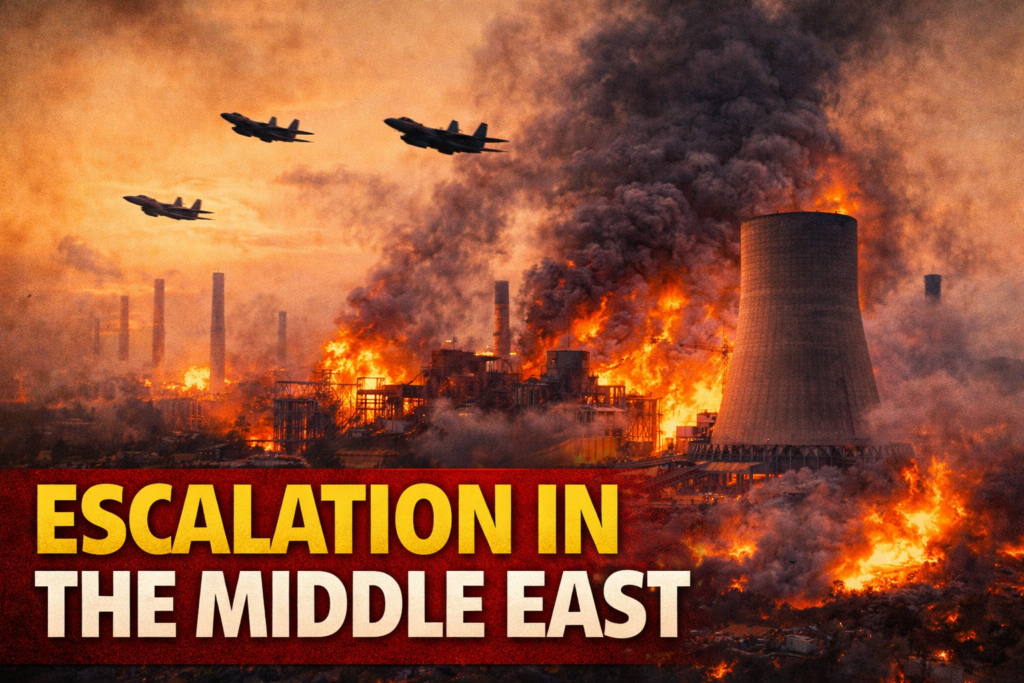 Iran Power Plant Threats illustration showing energy infrastructure and conflict in the Middle East.