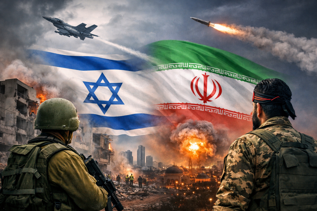 Israel-Iran Conflict showing military forces and explosions during escalating tensions in the Middle East.