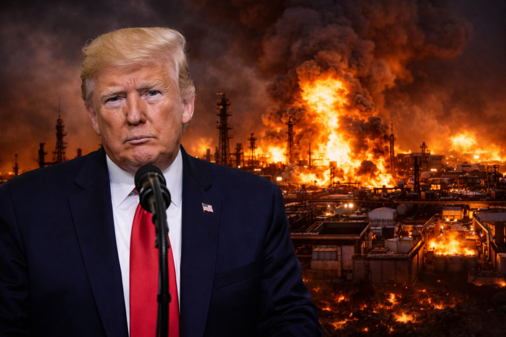 Donald Trump speaks as fire burns at an Iranian industrial facility after threats of possible U.S. military strikes.