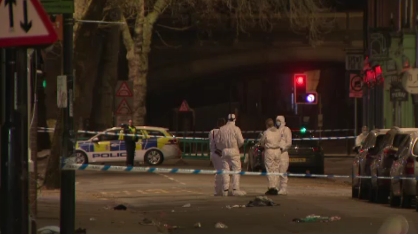 Police forensic officers examine the scene on Friar Gate in Derby after a car struck several pedestrians on 28 March 2026.