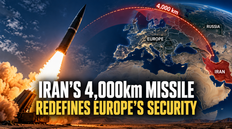 Iranian ballistic missile launching toward a map of Europe, illustrating a potential 4,000 km range and growing security concerns across Europe and the Middle East.
