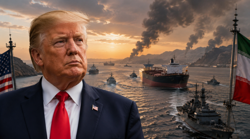 Donald Trump during escalating Strait of Hormuz crisis with military ships and oil tankers in the Gulf