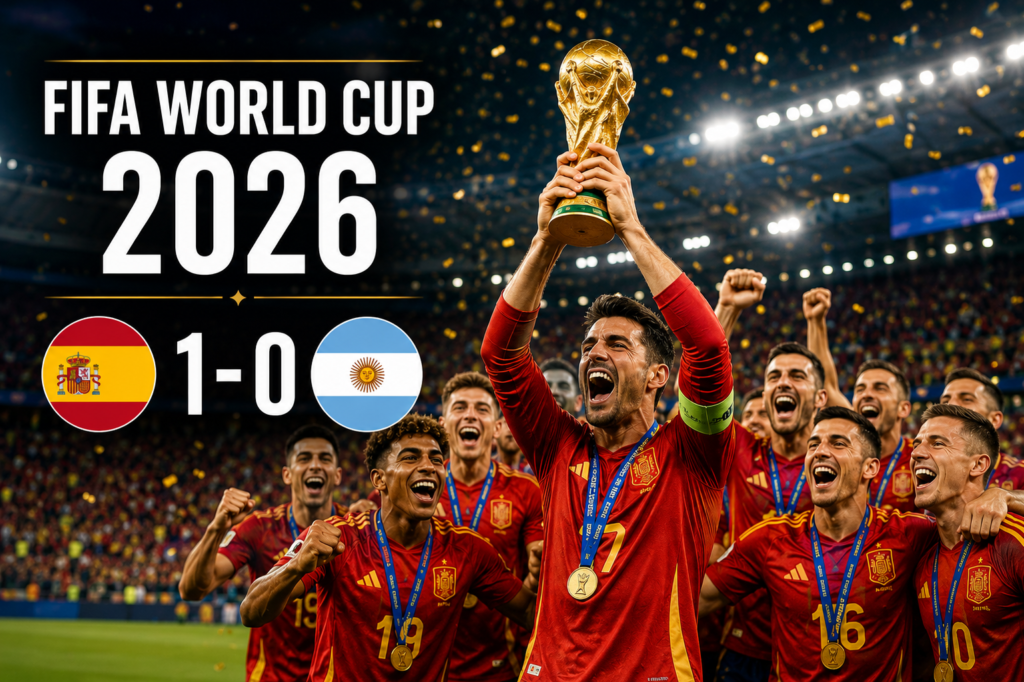 Spain celebrates a 1-0 victory over Argentina in the FIFA World Cup 2026 final