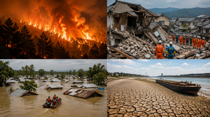 July 2026 natural disasters showing earthquakes, wildfires and floods