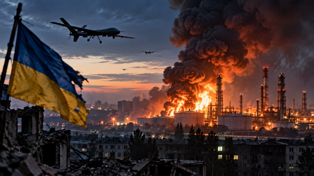 Illustration of Russia Ukraine energy strikes showing drones and a burning refinery amid ongoing truce talks.