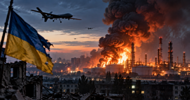 Illustration of Russia Ukraine energy strikes showing drones and a burning refinery amid ongoing truce talks.