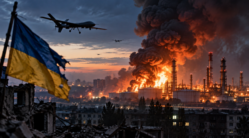 Illustration of Russia Ukraine energy strikes showing drones and a burning refinery amid ongoing truce talks.