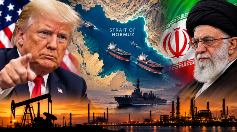 US-Iran tensions over the Strait of Hormuz, with oil tankers, a naval warship and US and Iranian flags