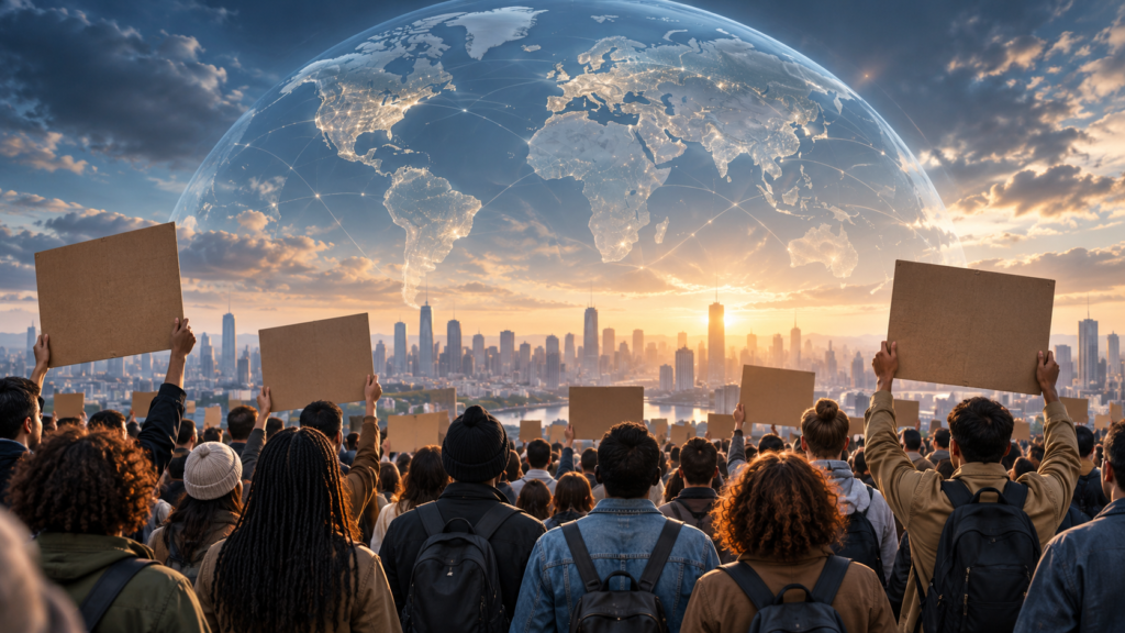 AI-generated illustration of demonstrators holding blank placards beneath a globe, representing protests around the world.