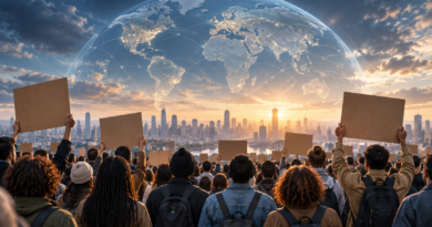 AI-generated illustration of demonstrators holding blank placards beneath a globe, representing protests around the world.