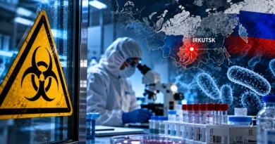 Biohazard warning sign, scientist in protective clothing and map highlighting Irkutsk, Russia, during investigation into unexplained pneumonia at a plague research laboratory.