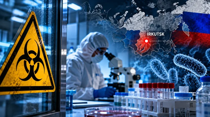 Biohazard warning sign, scientist in protective clothing and map highlighting Irkutsk, Russia, during investigation into unexplained pneumonia at a plague research laboratory.